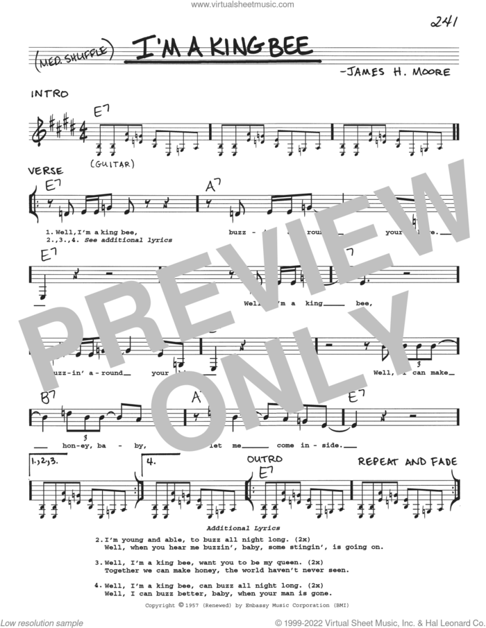 I'm A King Bee sheet music for voice and other instruments (real book with lyrics) by James H. Moore, intermediate skill level