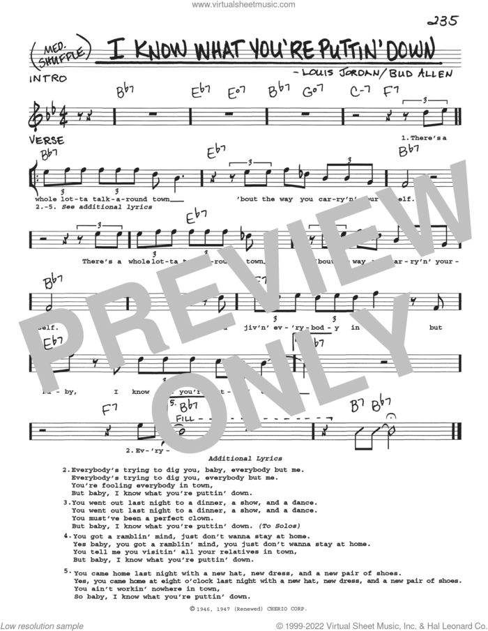I Know What You're Puttin' Down sheet music for voice and other instruments (real book with lyrics) by Louis Jordan and Bud Allen, intermediate skill level
