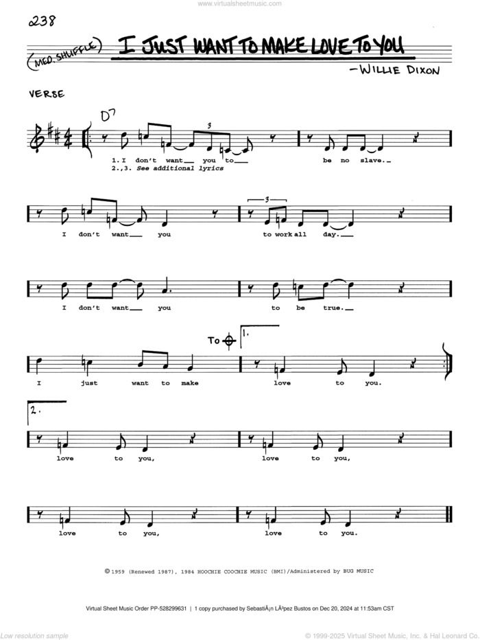 I Just Want To Make Love To You sheet music for voice and other instruments (real book with lyrics) by Foghat and Willie Dixon, intermediate skill level