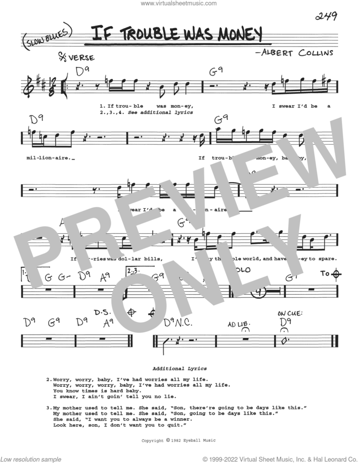 If Trouble Was Money sheet music for voice and other instruments (real book with lyrics) by Albert Collins, intermediate skill level