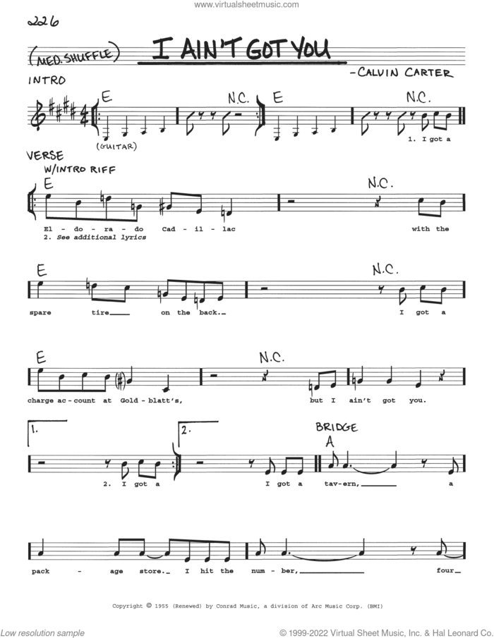I Ain't Got You sheet music for voice and other instruments (real book with lyrics) by Eric Clapton and Calvin Carter, intermediate skill level