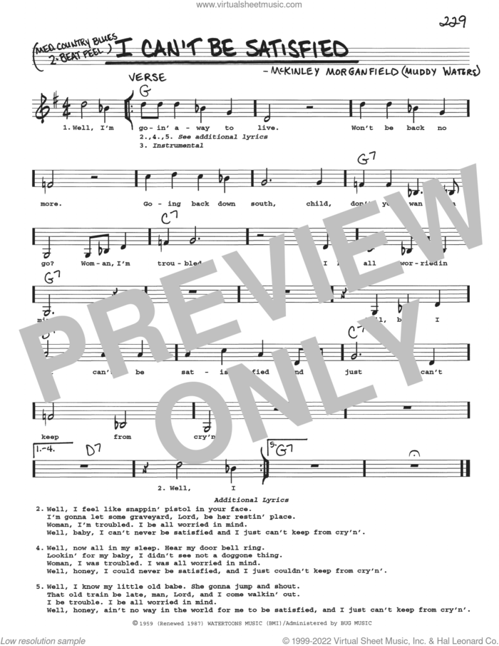 I Can't Be Satisfied sheet music for voice and other instruments (real book with lyrics) by Muddy Waters, intermediate skill level