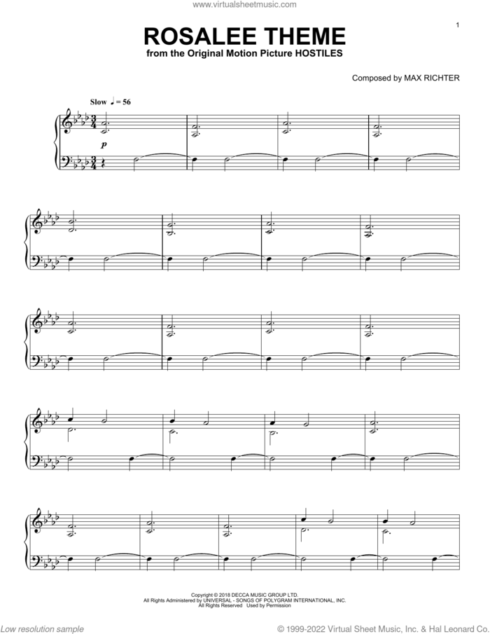 Rosalee Theme (from Hostiles) sheet music for piano solo by Max Richter, intermediate skill level