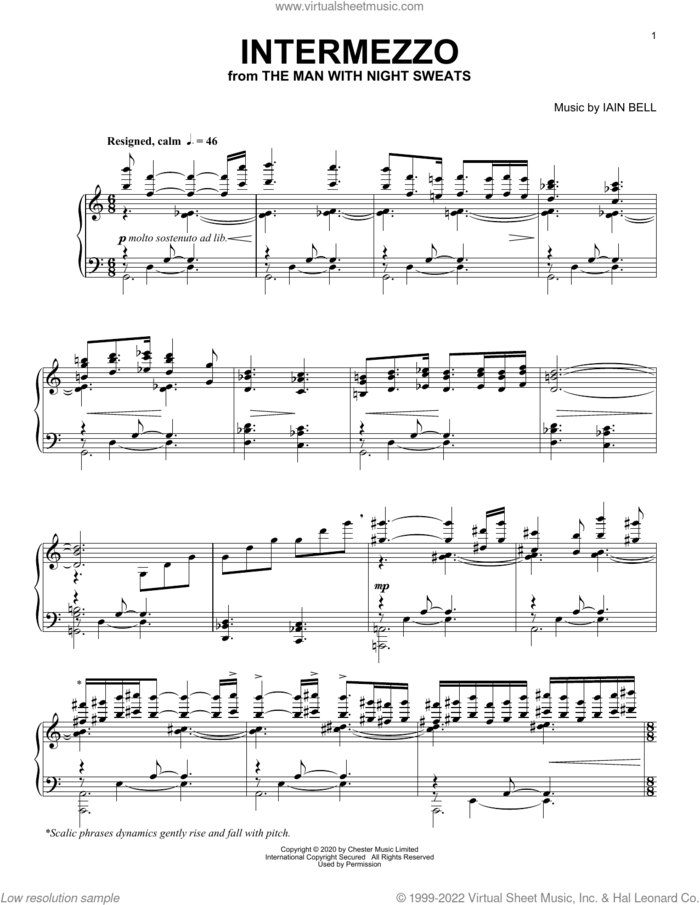 Intermezzo sheet music for piano solo by Iain Bell, intermediate skill level