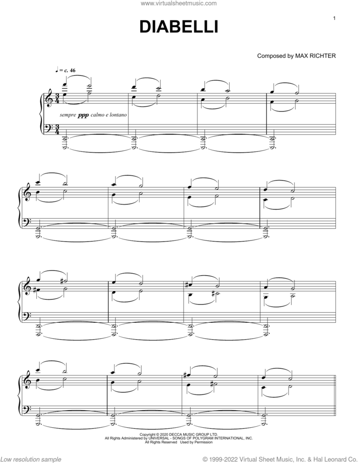Diabelli sheet music for piano solo by Max Richter, intermediate skill level