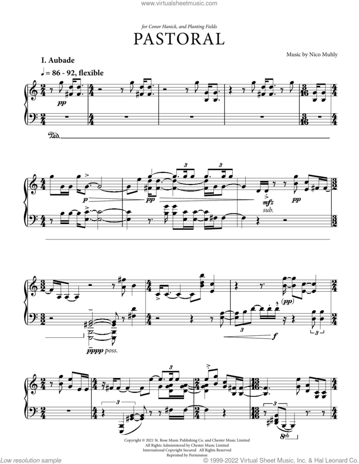 Pastoral sheet music for piano solo by Nico Muhly, intermediate skill level