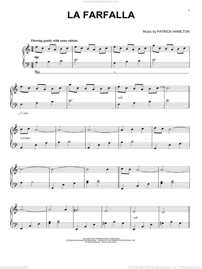 La Farfalla sheet music for piano solo by Patrick Hamilton, intermediate skill level