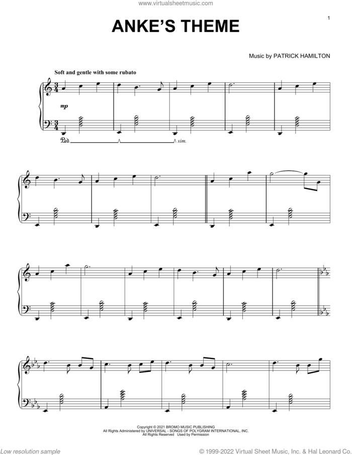 Anke's Theme sheet music for piano solo by Patrick Hamilton, intermediate skill level