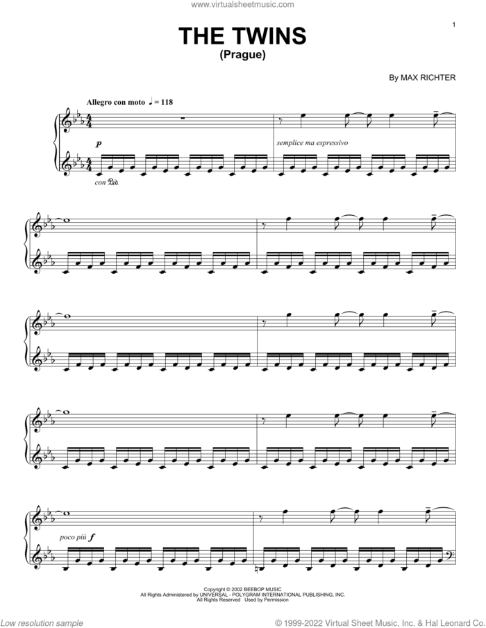 The Twins (Prague) sheet music for piano solo by Max Richter, intermediate skill level