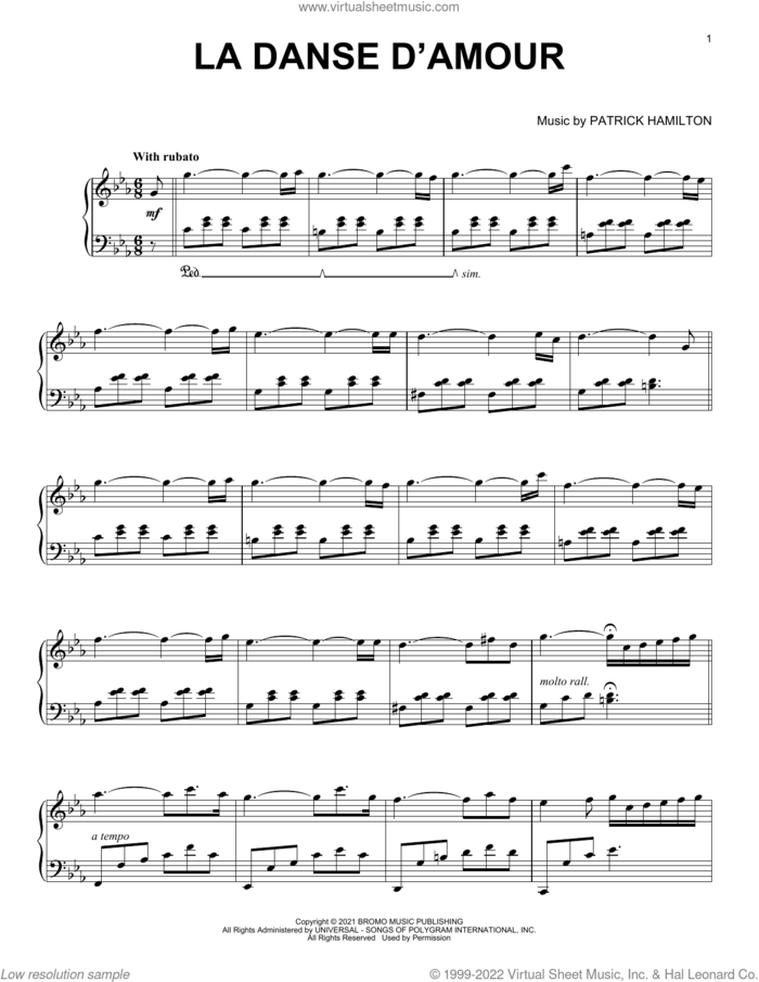 La Danse D'Amour sheet music for piano solo by Patrick Hamilton, intermediate skill level