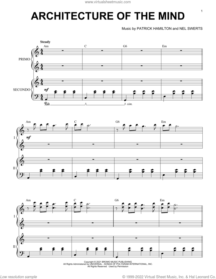 Architecture of the Mind sheet music for piano four hands by Patrick Hamilton & Nel Swerts, Nel Swerts and Patrick Hamilton, intermediate skill level