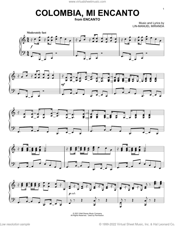 Colombia, Mi Encanto (from Encanto), (intermediate) sheet music for piano solo by Lin-Manuel Miranda, intermediate skill level