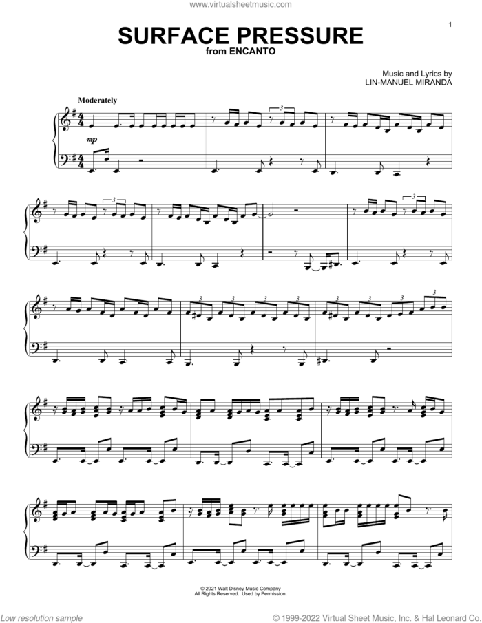 Surface Pressure (from Encanto), (intermediate) sheet music for piano solo by Lin-Manuel Miranda, intermediate skill level