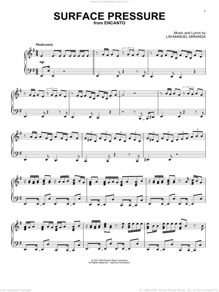 Surface Pressure (from Encanto), (intermediate) sheet music for piano solo by Lin-Manuel Miranda, intermediate skill level