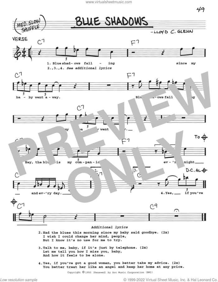 Blue Shadows sheet music for voice and other instruments (real book with lyrics) by Lowell Fulson, B.B. King and Lloyd C. Glenn, intermediate skill level