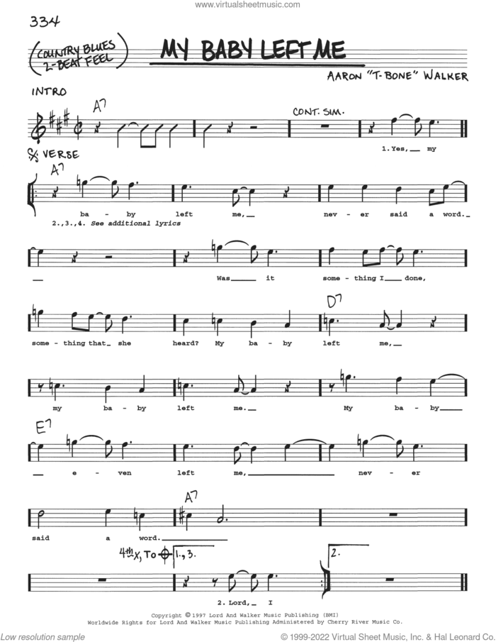My Baby Left Me sheet music for voice and other instruments (real book with lyrics) by Aaron 'T-Bone' Walker, intermediate skill level