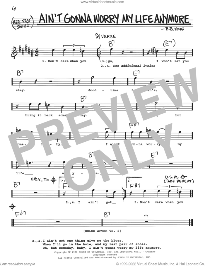 Ain't Gonna Worry My Life Anymore sheet music for voice and other instruments (real book with lyrics) by B.B. King, intermediate skill level