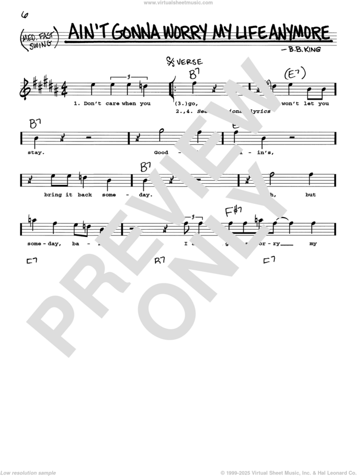 Ain't Gonna Worry My Life Anymore sheet music for voice and other instruments (real book with lyrics) by B.B. King, intermediate skill level