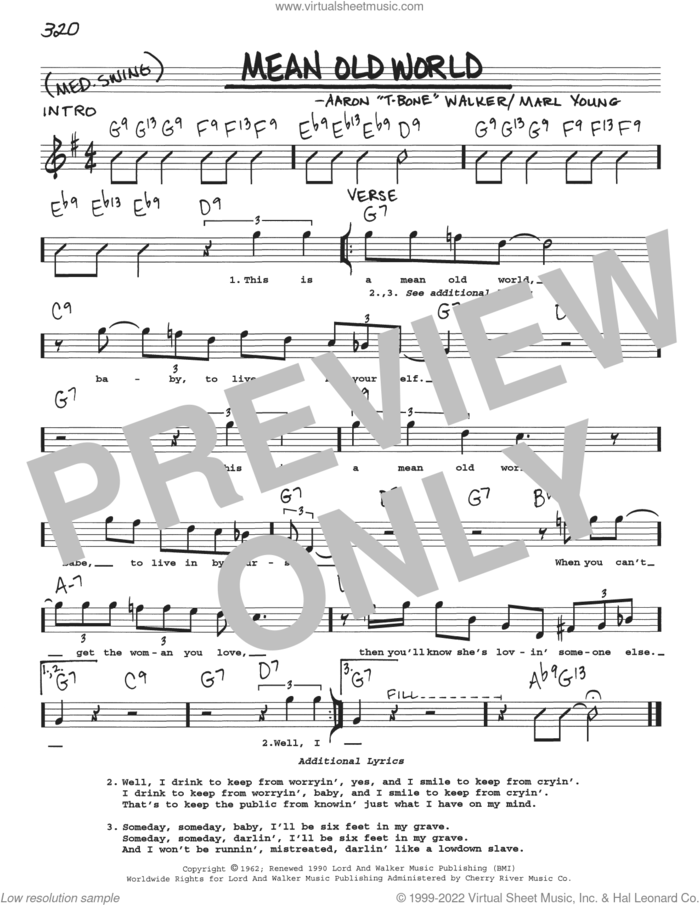 Mean Old World sheet music for voice and other instruments (real book with lyrics) by Aaron 'T-Bone' Walker, intermediate skill level