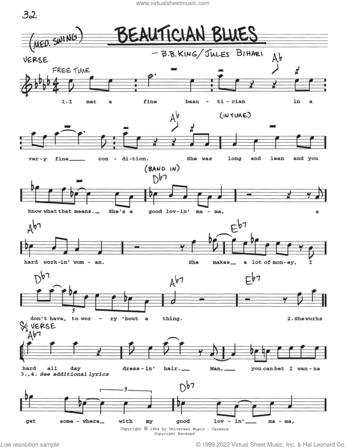 Beautician Blues sheet music for voice and other instruments (real book with lyrics) by B.B. King and Jules Bihari, intermediate skill level
