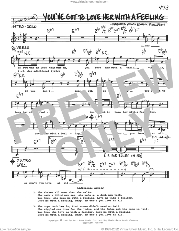 You've Got To Love Her With A Feeling sheet music for voice and other instruments (real book with lyrics) by Freddie King and Sonny Thompson, intermediate skill level