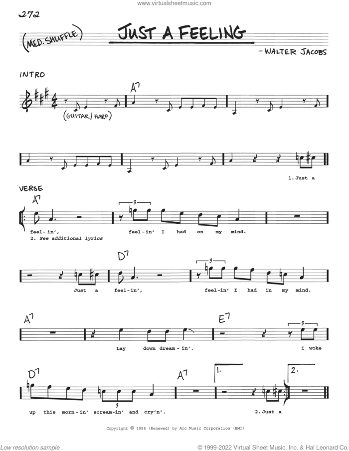 Just A Feeling sheet music for voice and other instruments (real book with lyrics) by Little Walter and Walter Jacobs, intermediate skill level