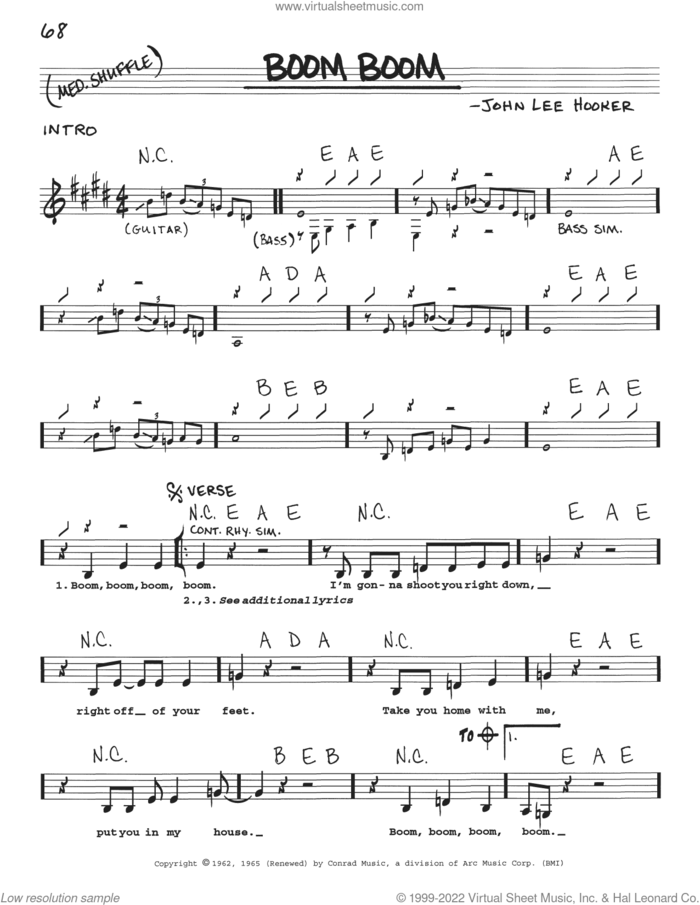 Boom Boom sheet music for voice and other instruments (real book with lyrics) by John Lee Hooker, intermediate skill level