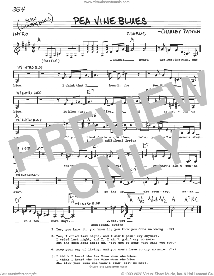 Pea Vine Blues sheet music for voice and other instruments (real book with lyrics) by Charley Patton, intermediate skill level