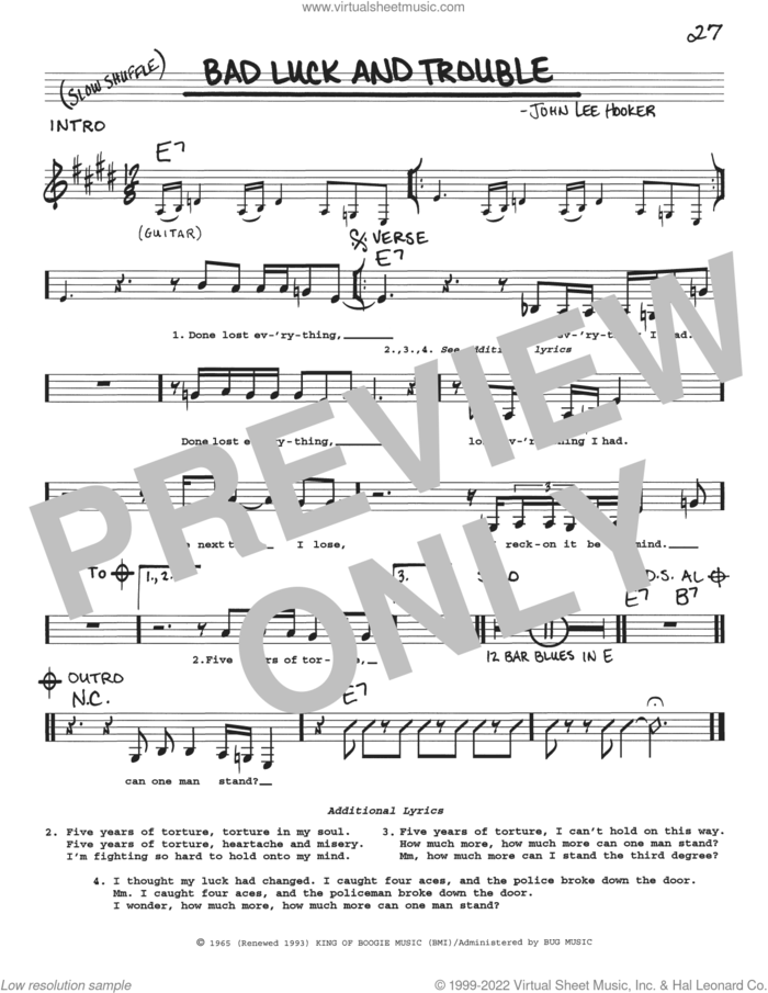 Bad Luck And Trouble sheet music for voice and other instruments (real book with lyrics) by John Lee Hooker, intermediate skill level