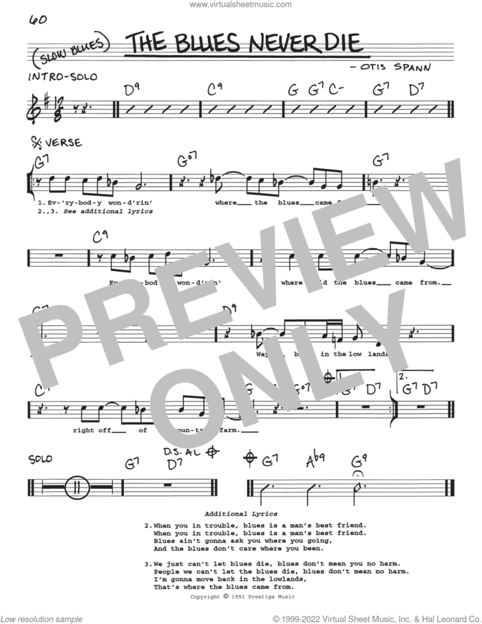 The Blues Never Die sheet music for voice and other instruments (real book with lyrics) by Otis Spann, intermediate skill level