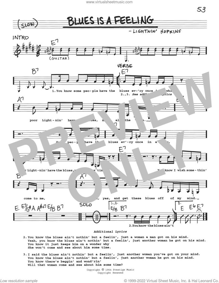 Blues Is A Feeling sheet music for voice and other instruments (real book with lyrics) by Lightnin' Hopkins, intermediate skill level
