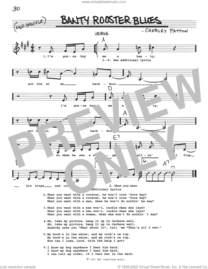 Banty Rooster Blues sheet music for voice and other instruments (real book with lyrics) by Charley Patton, intermediate skill level