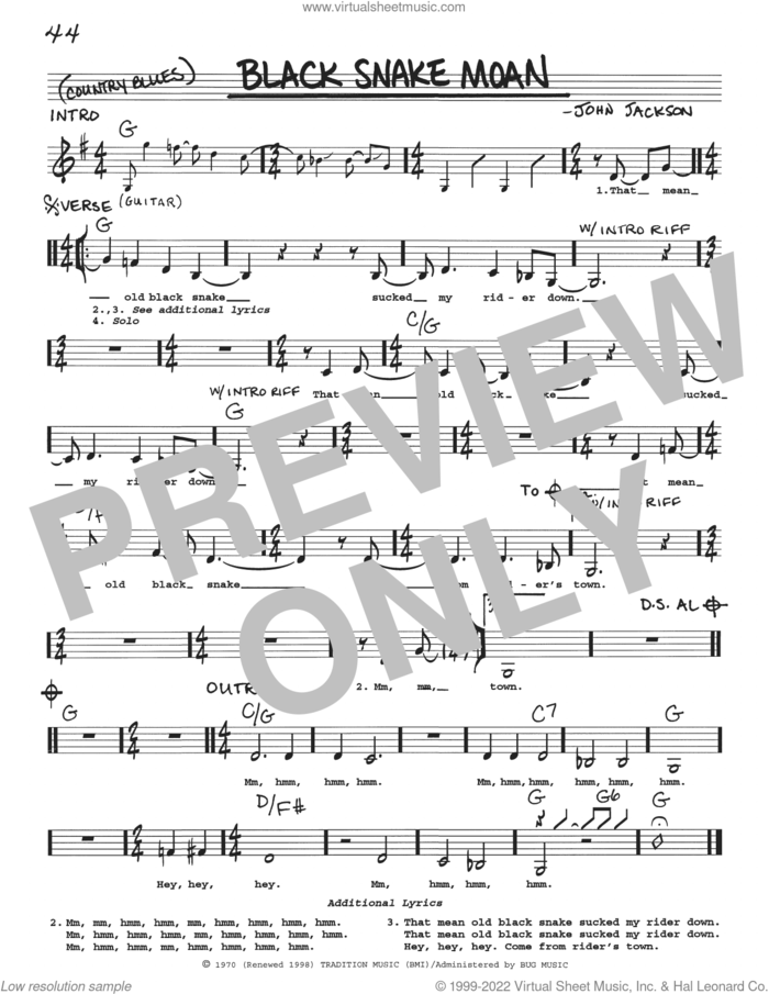 Black Snake Moan sheet music for voice and other instruments (real book with lyrics)  and John Jackson, intermediate skill level
