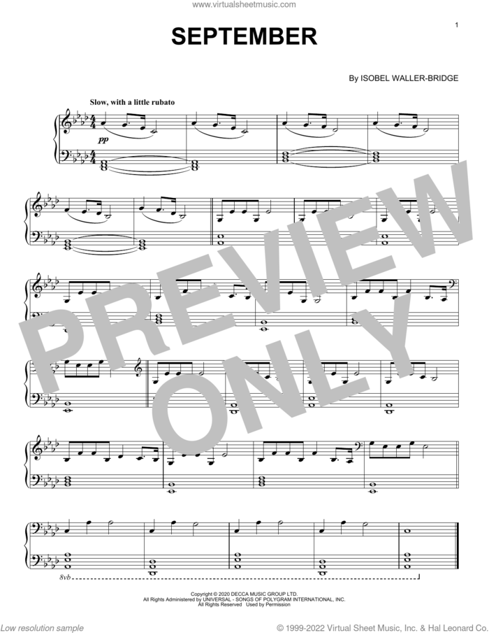 September sheet music for piano solo by Isobel Waller-Bridge, classical score, intermediate skill level