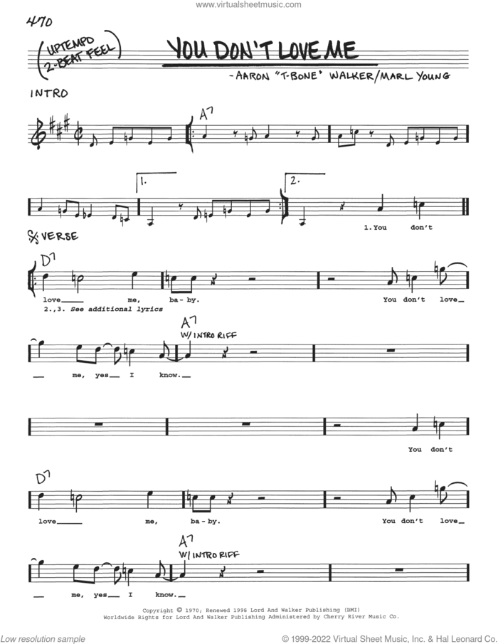You Don't Love Me sheet music for voice and other instruments (real book with lyrics) by Aaron 'T-Bone' Walker and Marl Young, intermediate skill level