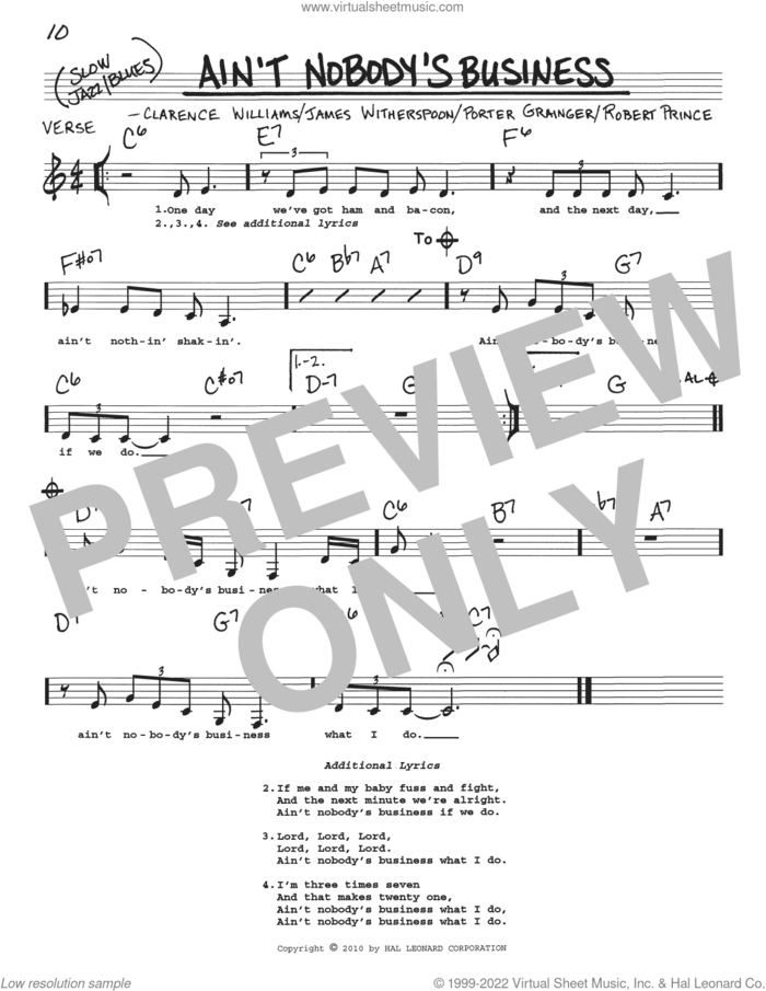 Ain't Nobody's Business sheet music for voice and other instruments (real book with lyrics) by Clarence Williams, James Witherspoon, Porter Grainger and Robert Prince, intermediate skill level