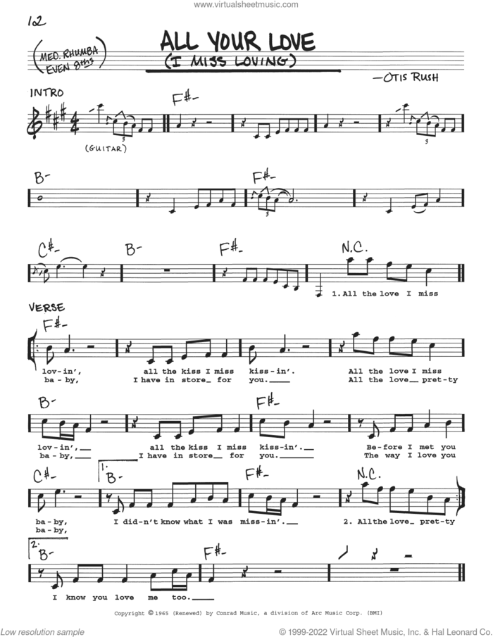 All Your Love (I Miss Loving) sheet music for voice and other instruments (real book with lyrics) by Otis Rush and Eric Clapton, intermediate skill level
