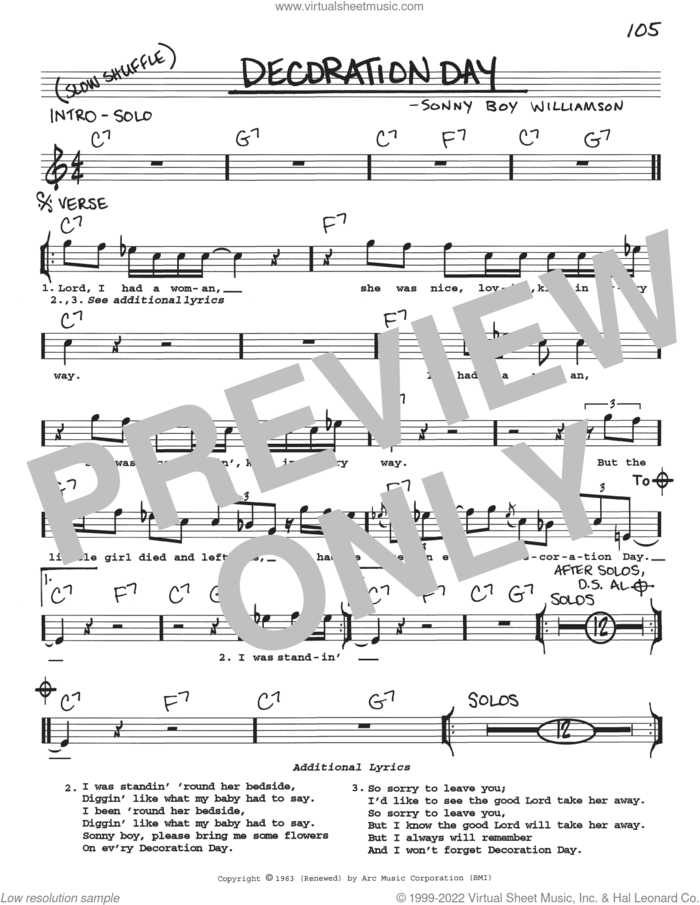 Decoration Day sheet music for voice and other instruments (real book with lyrics) by Sonny Boy Williamson, intermediate skill level