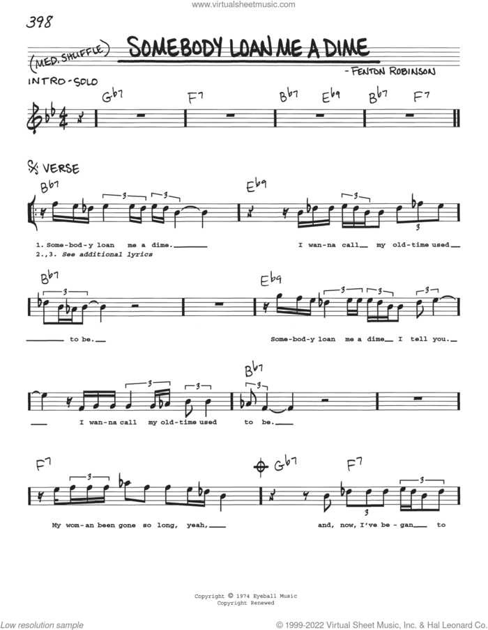 Somebody Loan Me A Dime sheet music for voice and other instruments (real book with lyrics) by Fenton Robinson, intermediate skill level