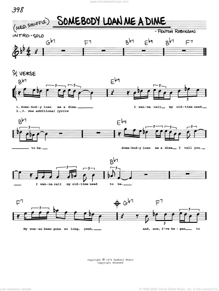 Somebody Loan Me A Dime sheet music for voice and other instruments (real book with lyrics) by Fenton Robinson, intermediate skill level