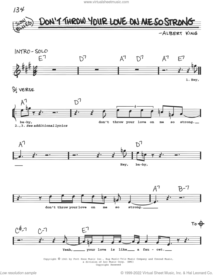 Don't Throw Your Love On Me So Strong sheet music for voice and other instruments (real book with lyrics) by Albert King, intermediate skill level