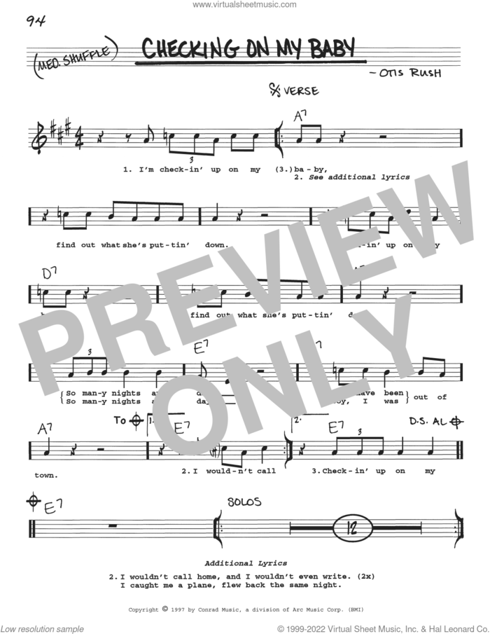 Checking On My Baby sheet music for voice and other instruments (real book with lyrics) by Otis Rush, intermediate skill level