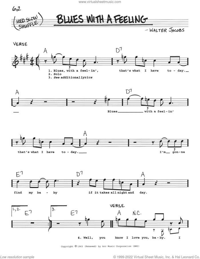 Blues With A Feeling sheet music for voice and other instruments (real book with lyrics) by Little Walter and Walter Jacobs, intermediate skill level