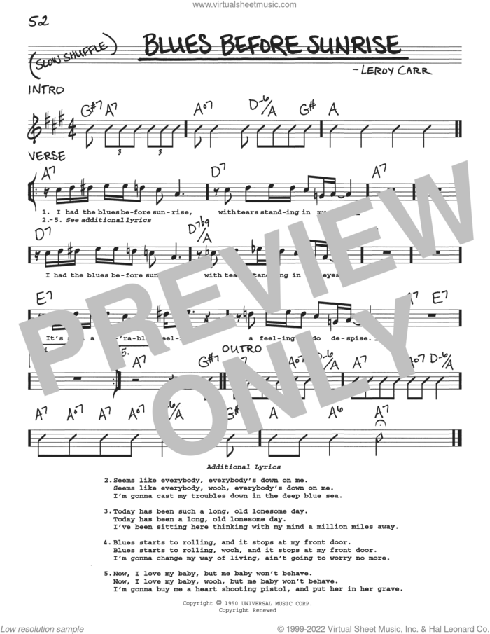 Blues Before Sunrise sheet music for voice and other instruments (real book with lyrics) by Leroy Carr, intermediate skill level