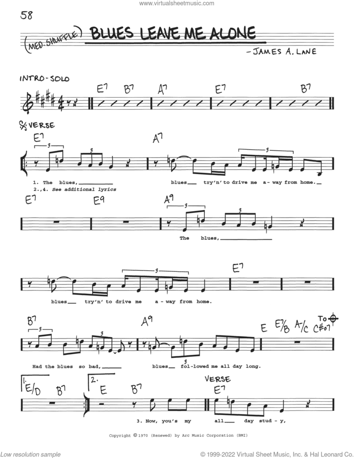 Blues Leave Me Alone sheet music for voice and other instruments (real book with lyrics) by Eric Clapton and James A. Lane, intermediate skill level
