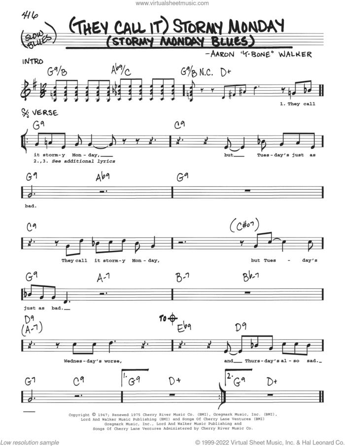 (They Call It) Stormy Monday (Stormy Monday Blues) sheet music for voice and other instruments (real book with lyrics) by Aaron 'T-Bone' Walker, intermediate skill level
