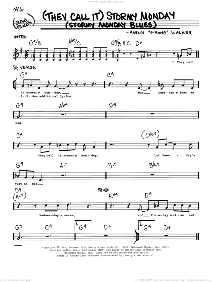 (They Call It) Stormy Monday (Stormy Monday Blues) sheet music for voice and other instruments (real book with lyrics) by Aaron 'T-Bone' Walker, intermediate skill level