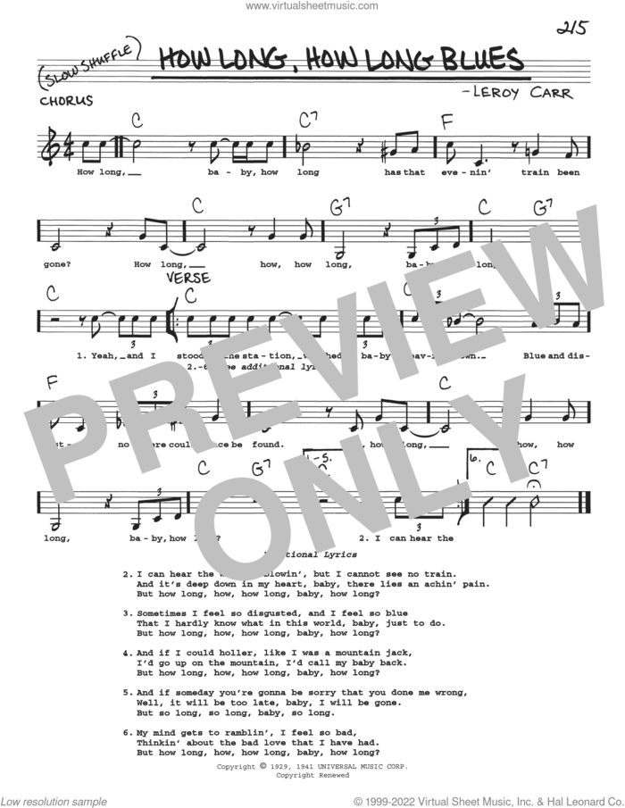 How Long Blues (How Long, How Long Blues) sheet music for voice and other instruments (real book with lyrics) by Leroy Carr, intermediate skill level