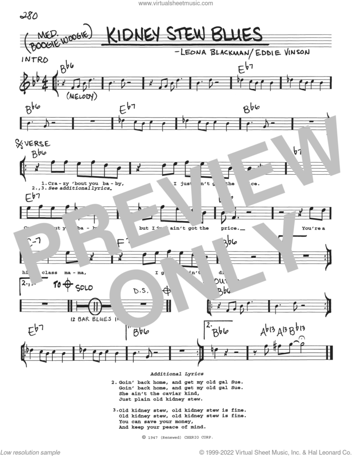 Kidney Stew Blues sheet music for voice and other instruments (real book with lyrics) by Eddie Vinson and Leona Blackman, intermediate skill level