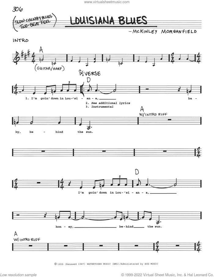 Louisiana Blues sheet music for voice and other instruments (real book with lyrics) by Muddy Waters and McKinley Morganfield, intermediate skill level